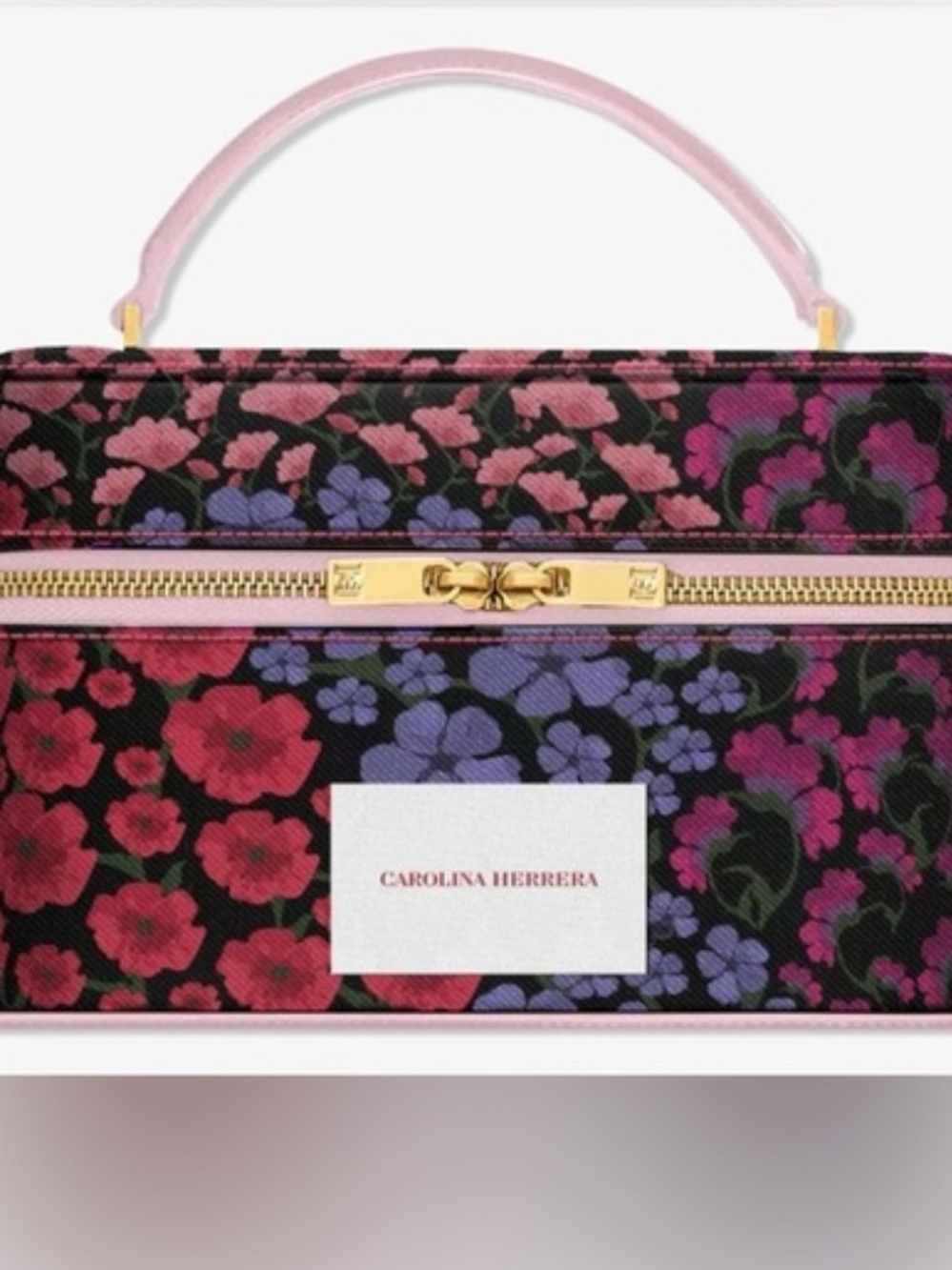Carolina Herrera Black Floral Cosmetic Case with Pink Handle